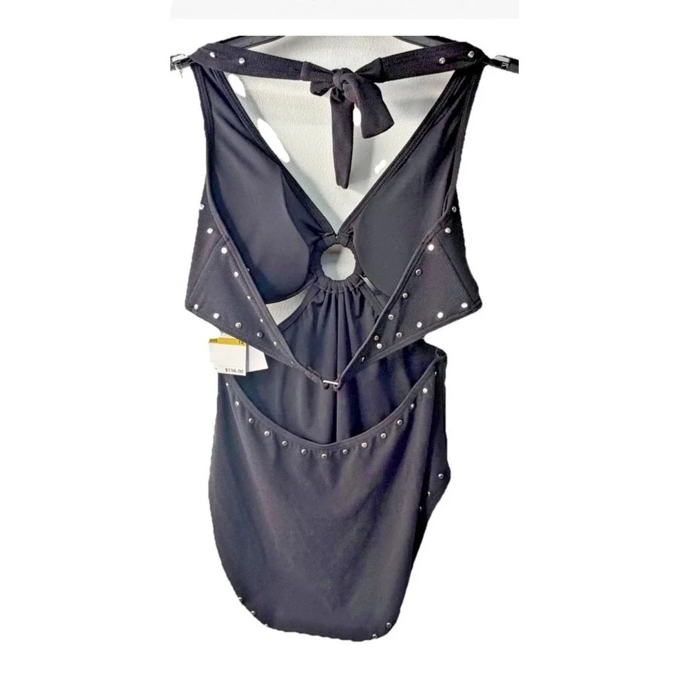 Michael Kors Black Solid Studded Halter One-Piece Swimsuit Padded Sz 4